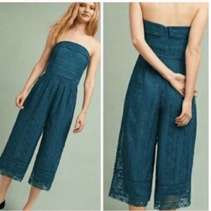 Anthropologie Teal Strapless Lace Jumpsuit